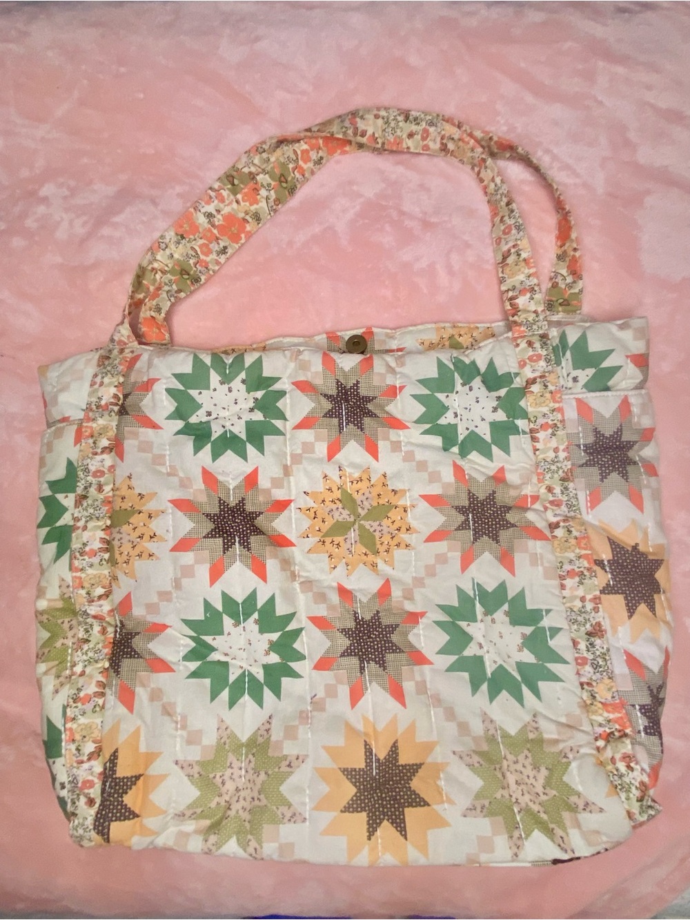 Quilted Patchwork Star Tote Bag in Green & Cream